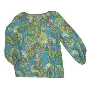 Lilly Pulitzer Sarabeth Top Double Trouble Shorely Blue Womens Small 100% Silk